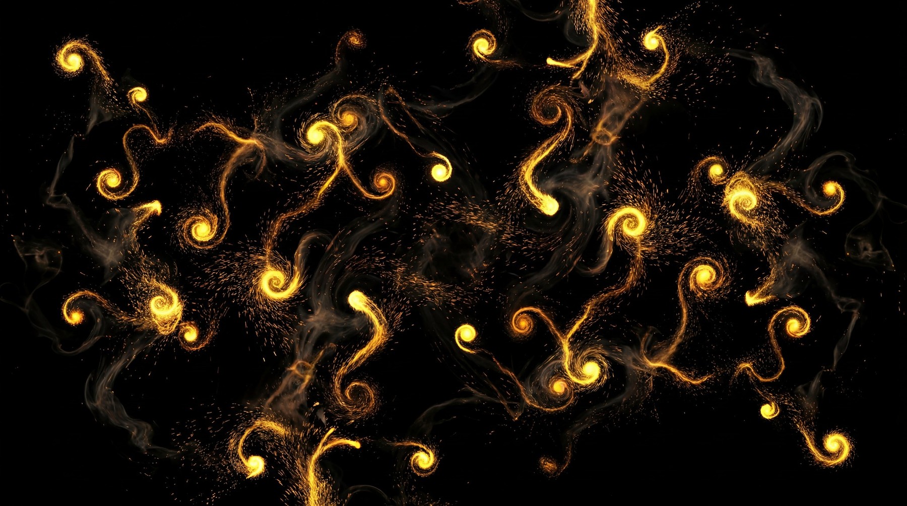 Abstract swirling golden energy streaks with bright points and fine dust motes scattered against a black background.
