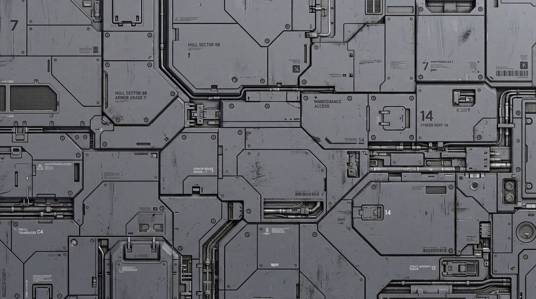 High resolution industrial bulkhead panel with mechanical conduits, heavy plating, and surface scratches.