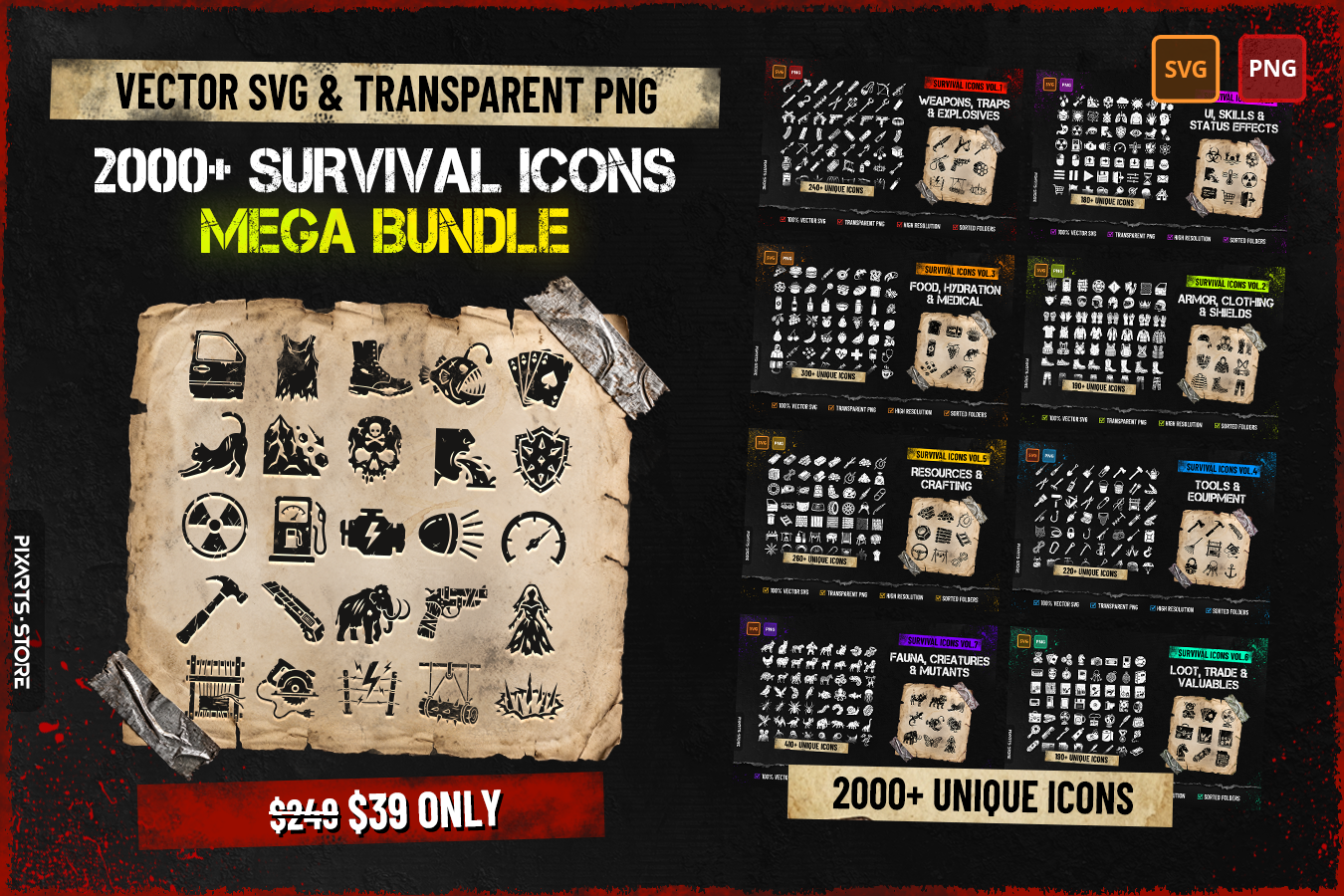 Ultimate Survival Game Icon Mega Bundle Vol.1-8 cover showing 2000+ post-apocalyptic icons including weapons, armor, tools, resources, food, creatures and UI elements in SVG and PNG format