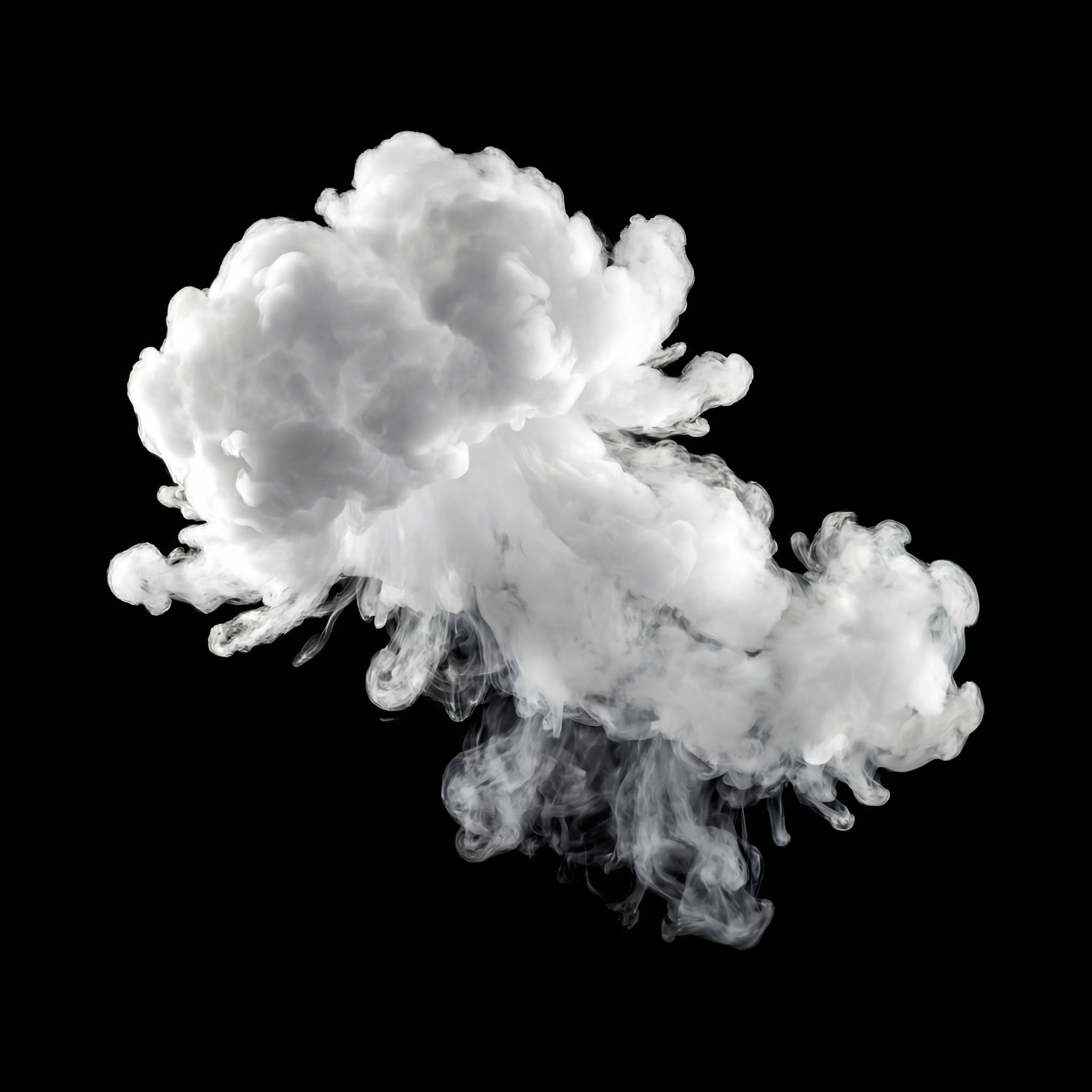 A large, dense, volumetric cloud of white smoke with tendrils extending downwards, set against a black background.