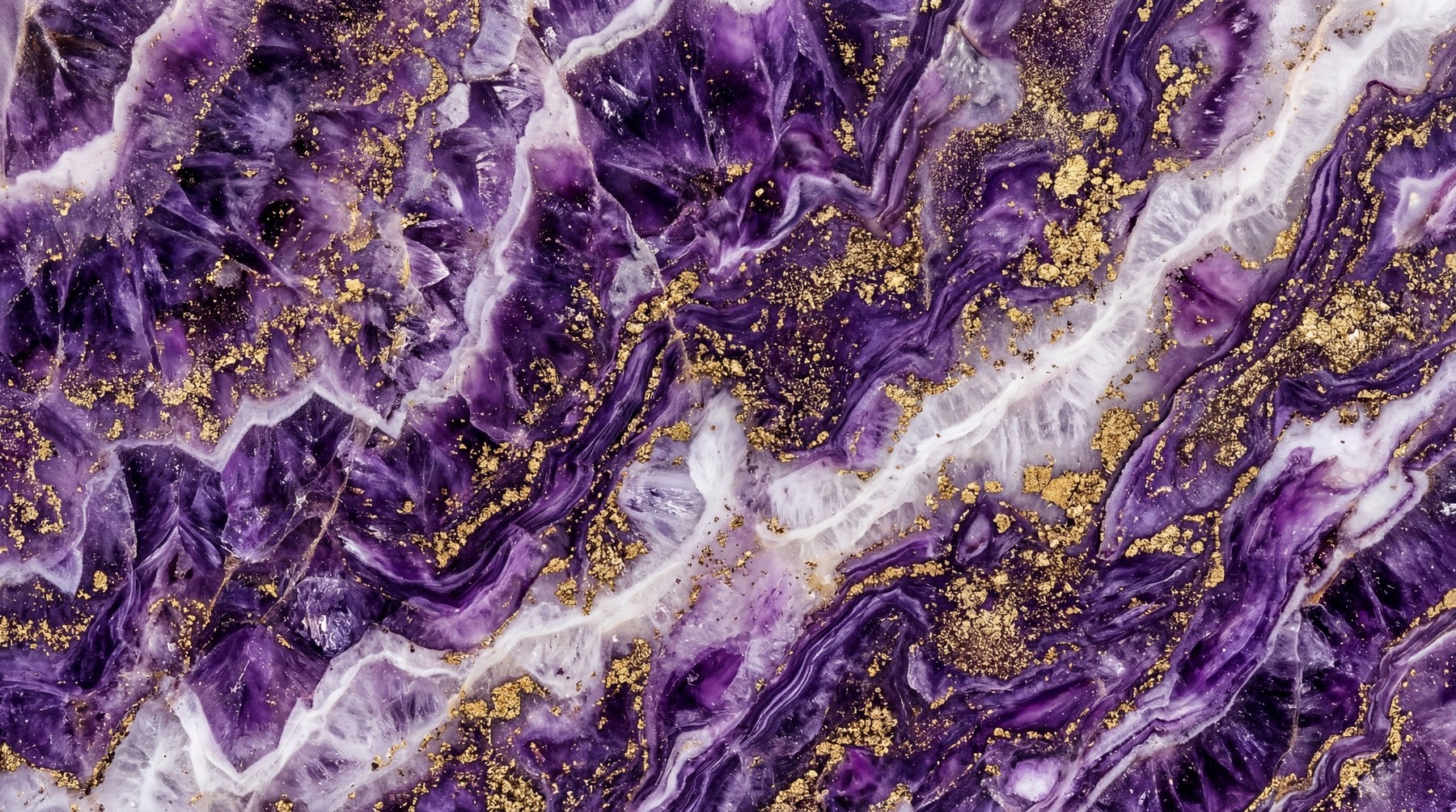 Close-up of a deep purple amethyst stone texture with prominent white veins and scattered metallic gold flakes.