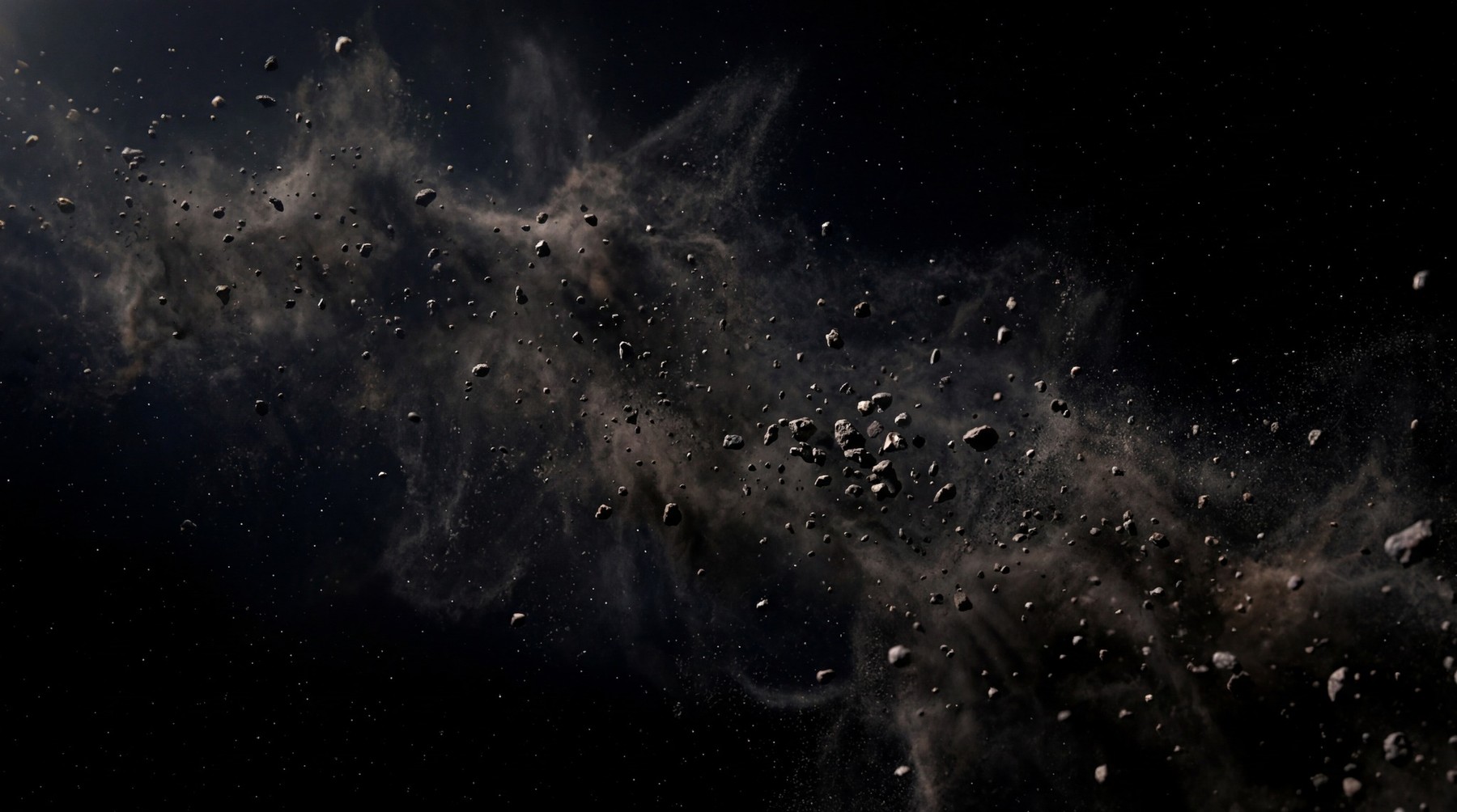 A dense cloud of jagged asteroid fragments and dust against a black, star-filled background.