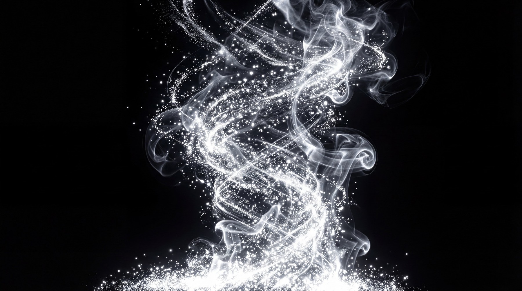 A swirling vortex of luminous white smoke and glittering particles against a stark black background.