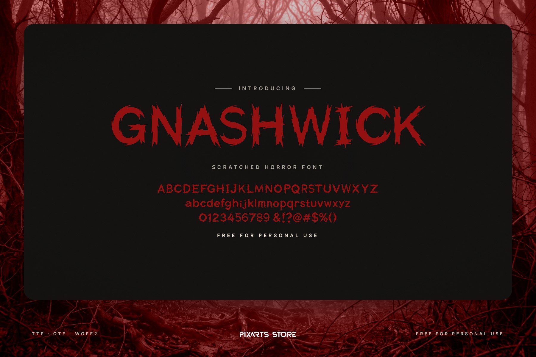 Gnashwick scratched horror font, title in a frame over a dark forest