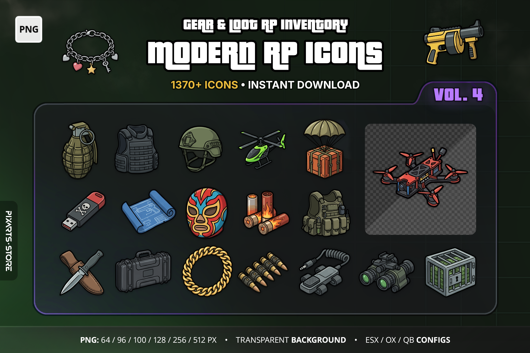Modern RP Icons Vol.4 Gear, Crafting & Loot cover with FiveM inventory icons for crafting materials, weapon attachments, ammo, loot, keys and tactical gear
