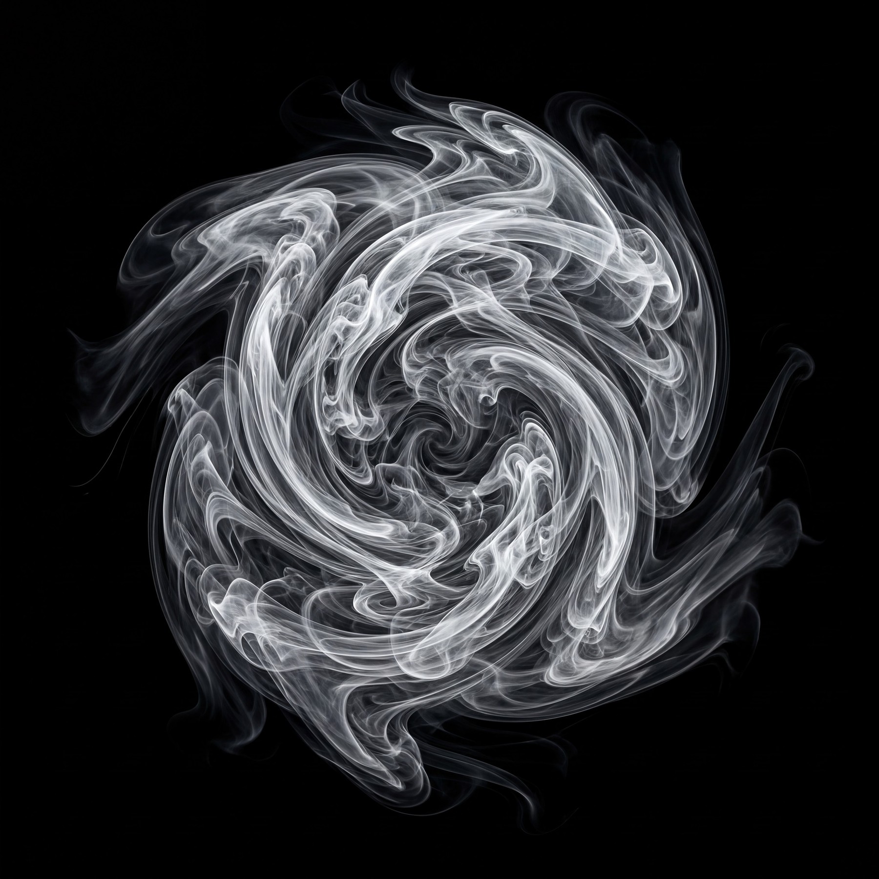 Intense white smoke forming a tight, dynamic vortex shape against a stark black background.