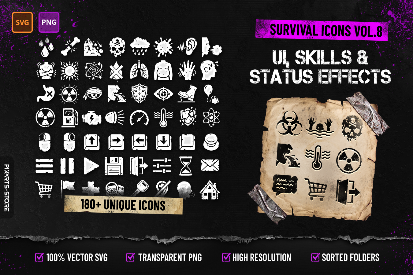 Survival Icons Vol.8 UI, Skills & Status Effects cover showing 180+ survival icons including status indicators, navigation arrows, skill icons and HUD elements in SVG and PNG format