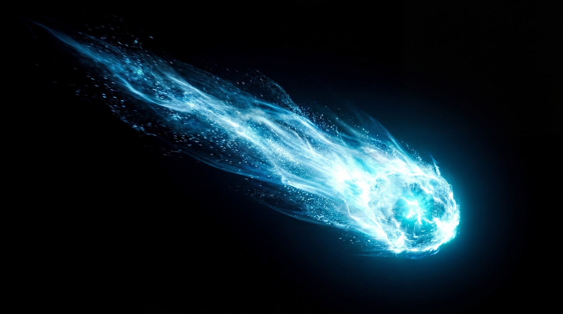A single meteor with a bright, glowing blue core and a streaking blue trail against a black background.