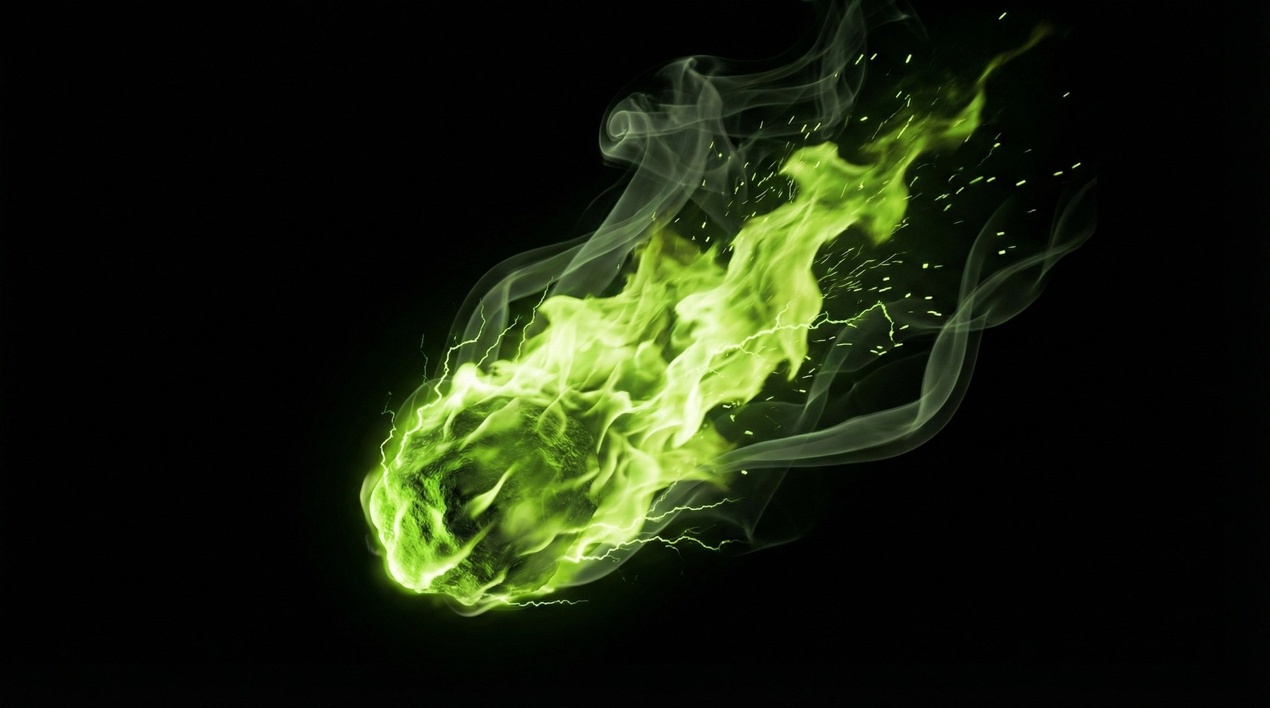 A bright green comet with fiery elements and wispy smoke trails against a black background.
