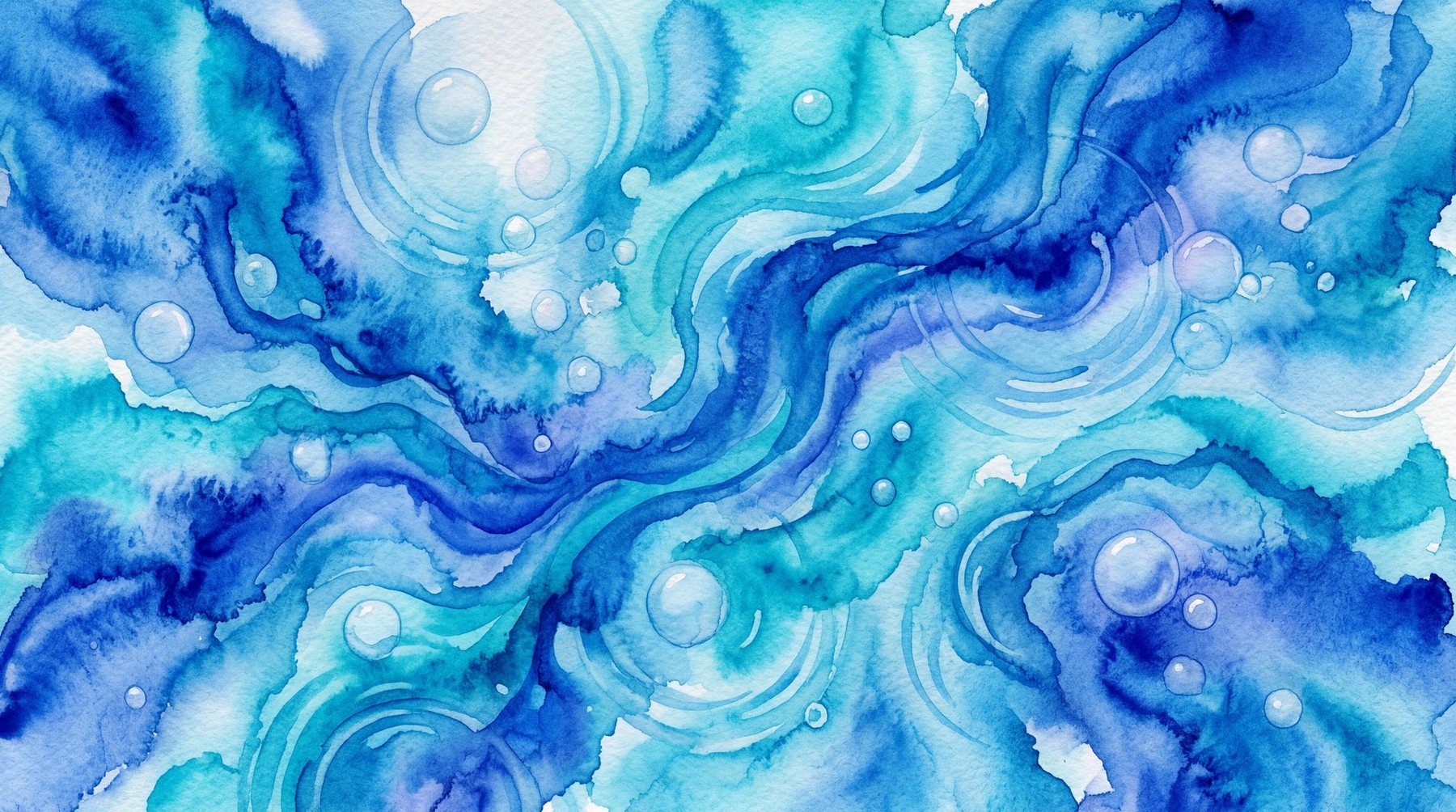 Abstract watercolor painting with swirling patterns of deep blue and bright cyan, featuring translucent water ripples and small bubbles.