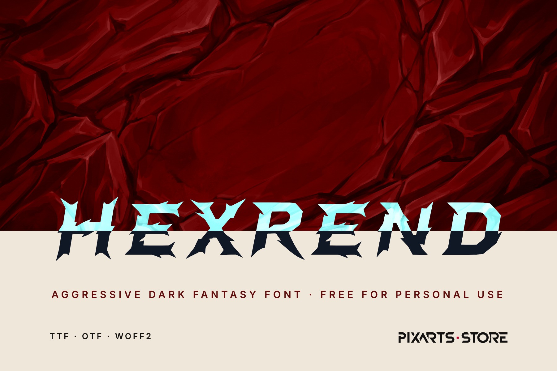 Hexrend aggressive dark fantasy font, cover with the font name