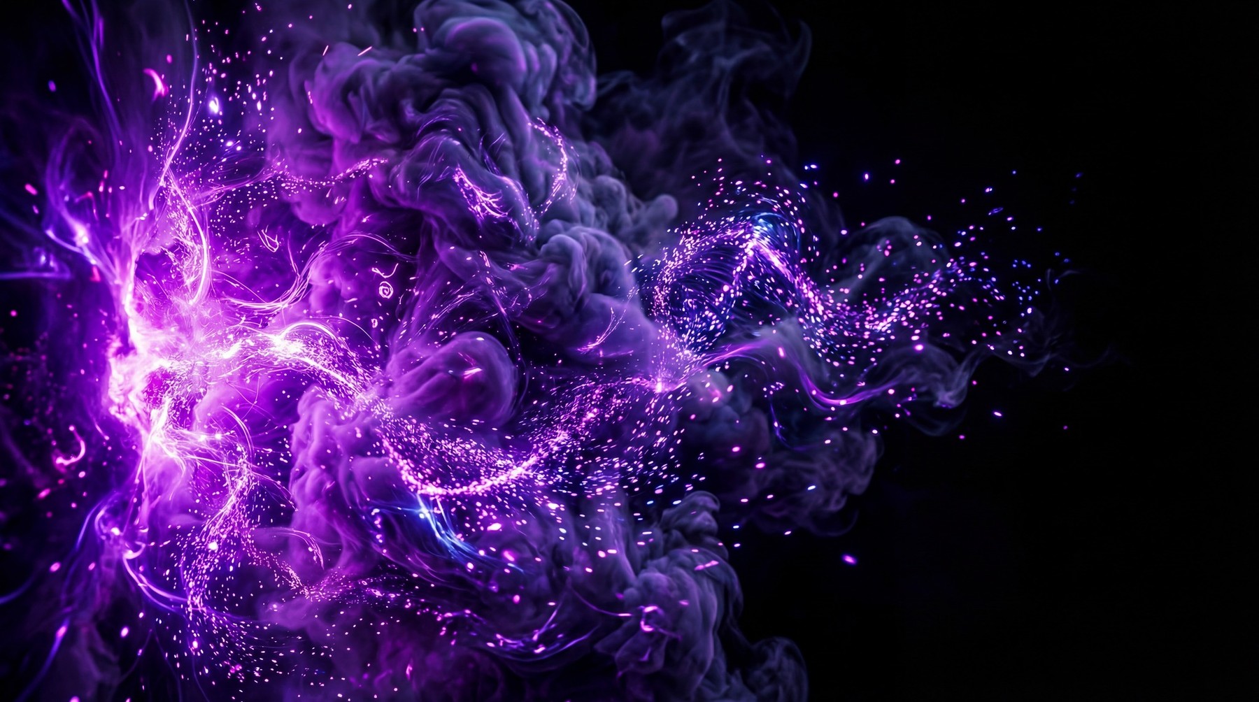 Abstract purple mist with glowing particles and luminous streaks on a black background.
