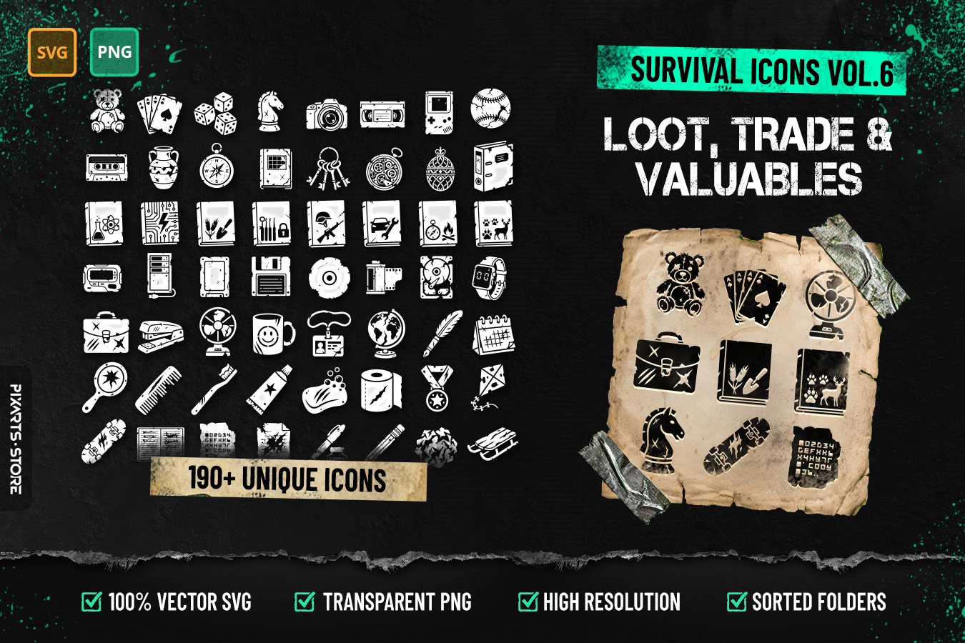 Survival Icons Vol.6 Loot, Trade & Valuables cover showing 190+ survival icons including collectibles, trade goods, documents and valuable items in SVG and PNG format