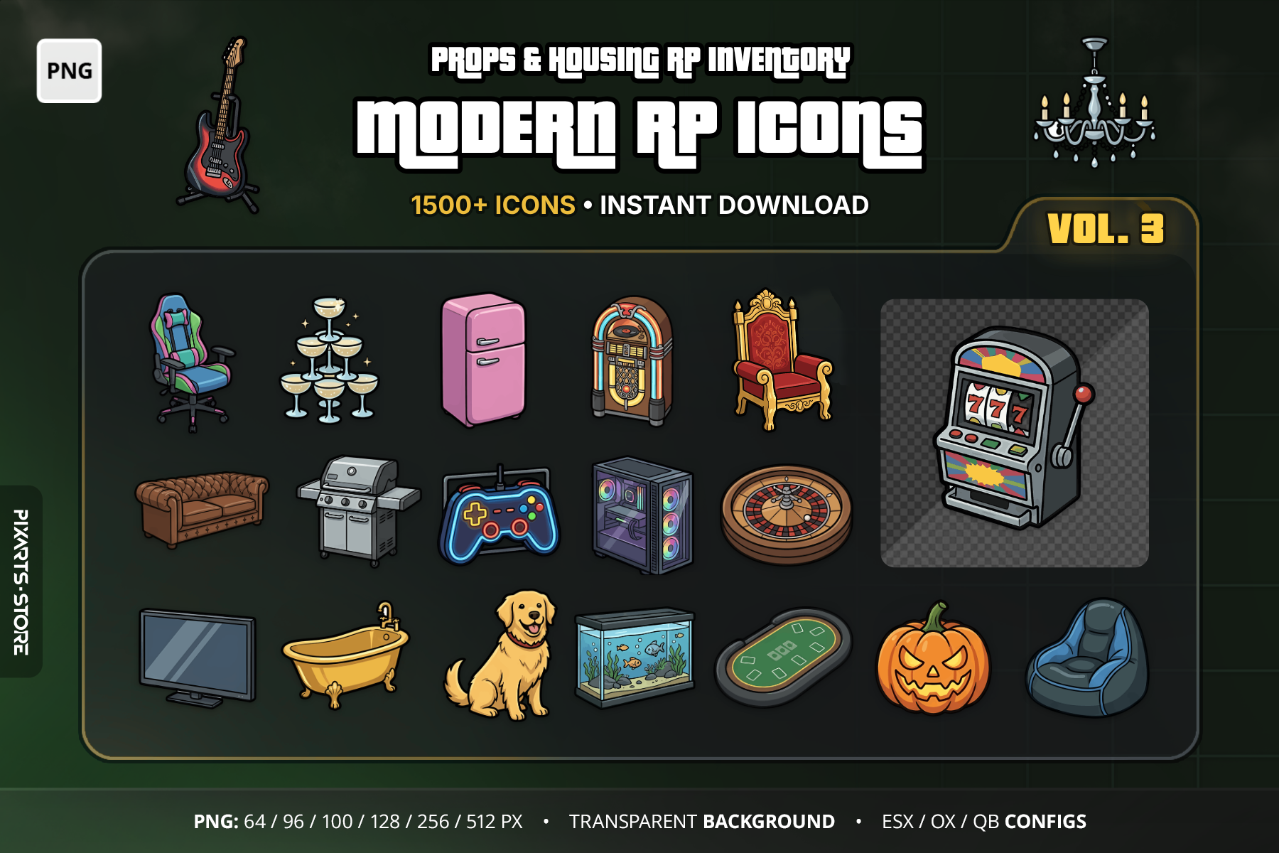 Modern RP Icons Vol.3 Props & Housing cover with FiveM item icons for furniture, decor, appliances, kitchen, garden, pets and casino props on a transparent background