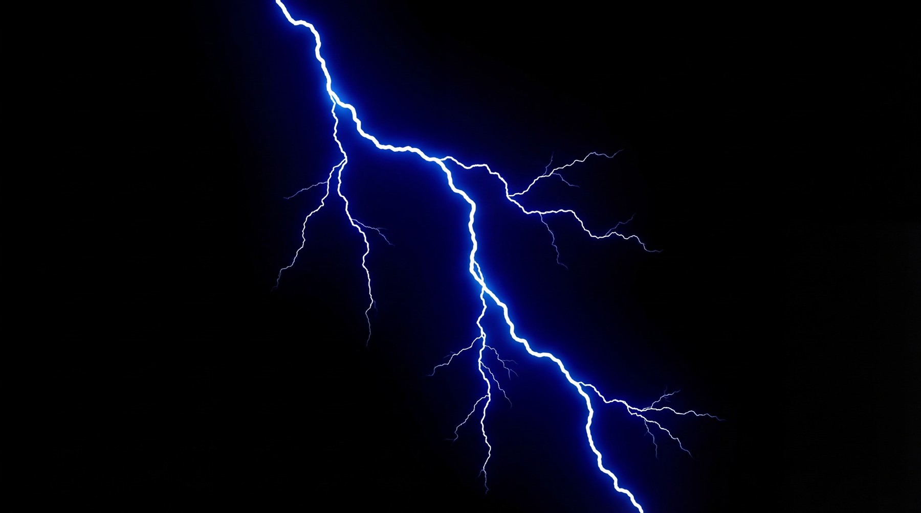 A vivid electric blue lightning bolt strikes downwards against a pure black background, with numerous fine tendrils branching out from the main bolt.