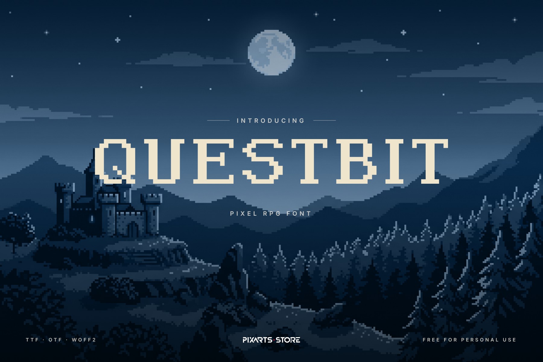Questbit pixel RPG font, title over a pixel art castle at night