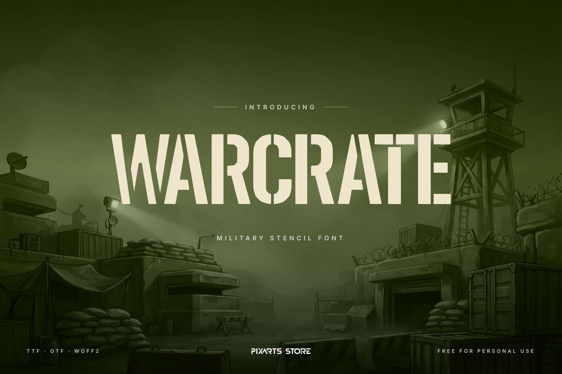 Warcrate military stencil font, title on a military base scene