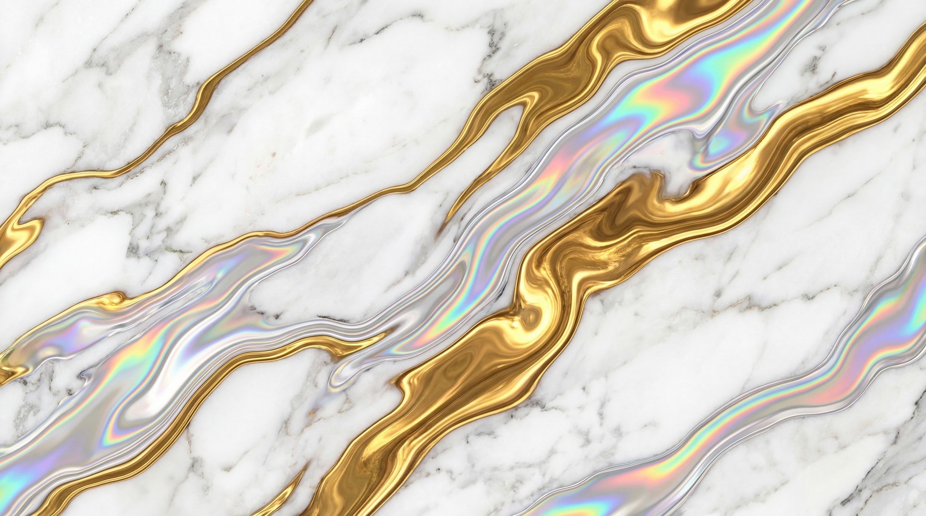 Abstract white marble texture with flowing gold and iridescent holographic veins