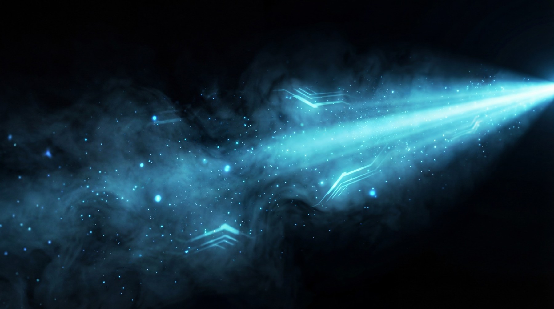 A dynamic composition featuring an electric blue beam of light cutting through a dark, smoky atmosphere filled with glowing particles and stylized linear elements.
