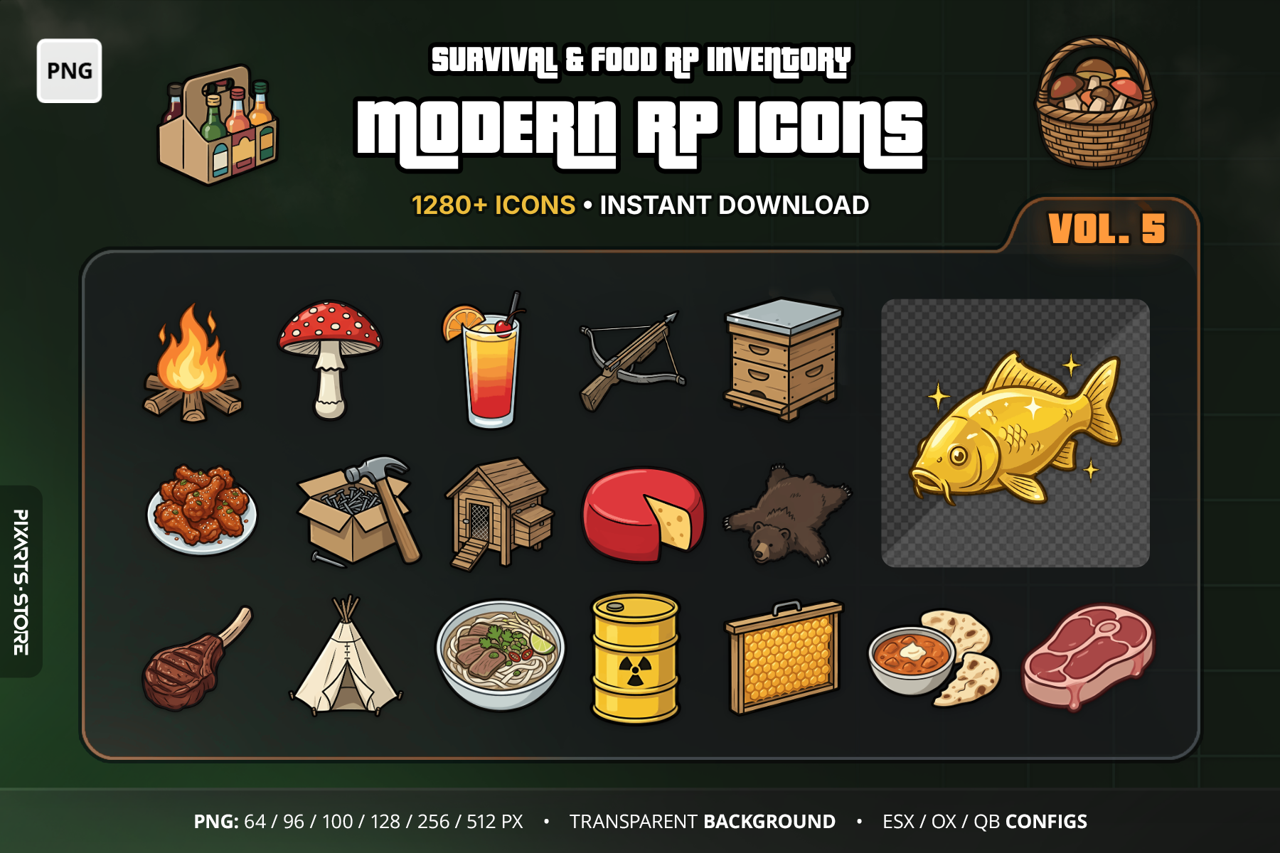 Modern RP Icons Vol.5 Survival, Farming & Food cover with FiveM inventory icons for food, drinks, camping, fishing, hunting and farming items