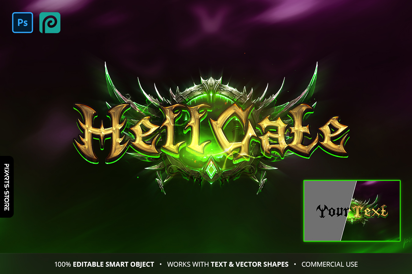 Metin2 Logo Template - Hellgate Green Edition. Toxic green text effect (PSD) in Fel Magic style for MMORPG servers.