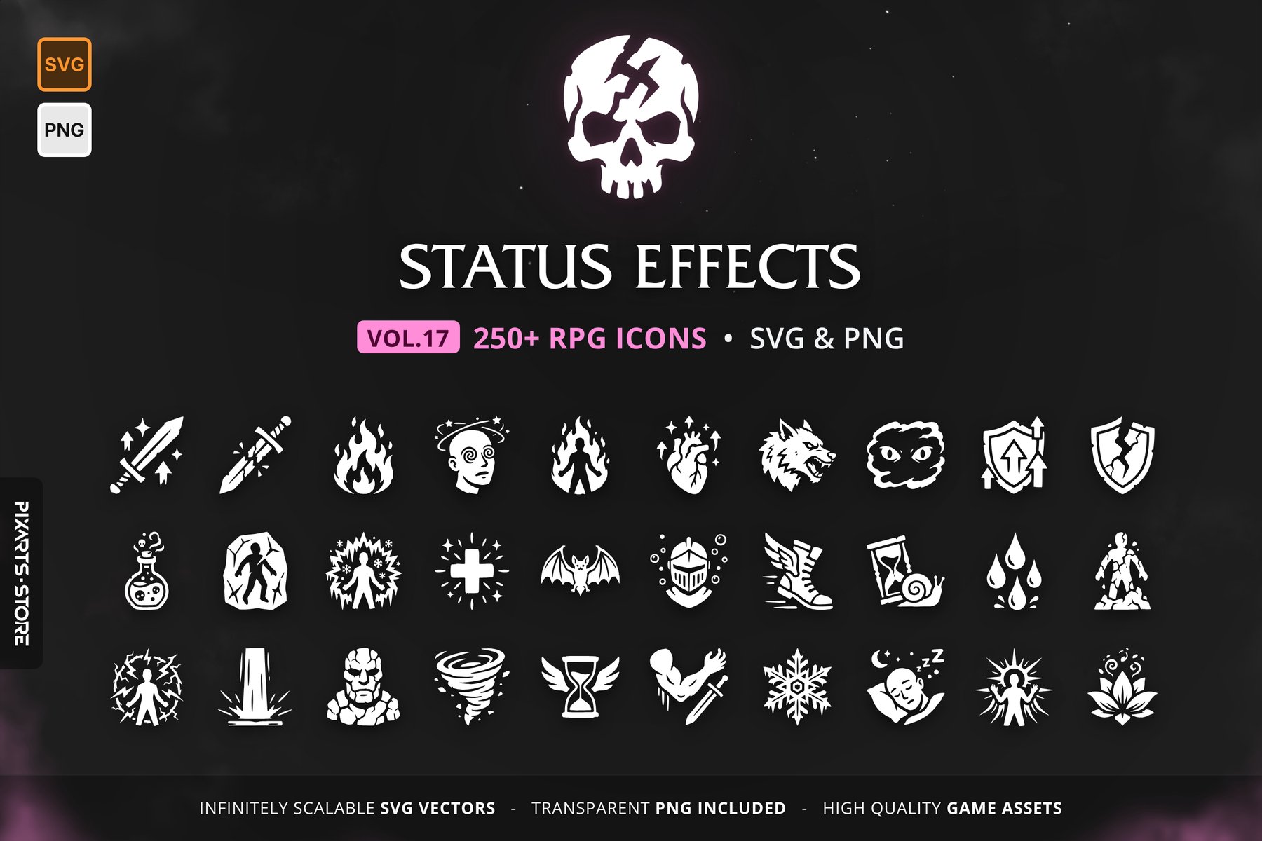RPG Status Effects Icons Vol.17 – 256 vector game icons: buffs, debuffs, curses, damage over time, crowd control, auras and stacks, in SVG and PNG