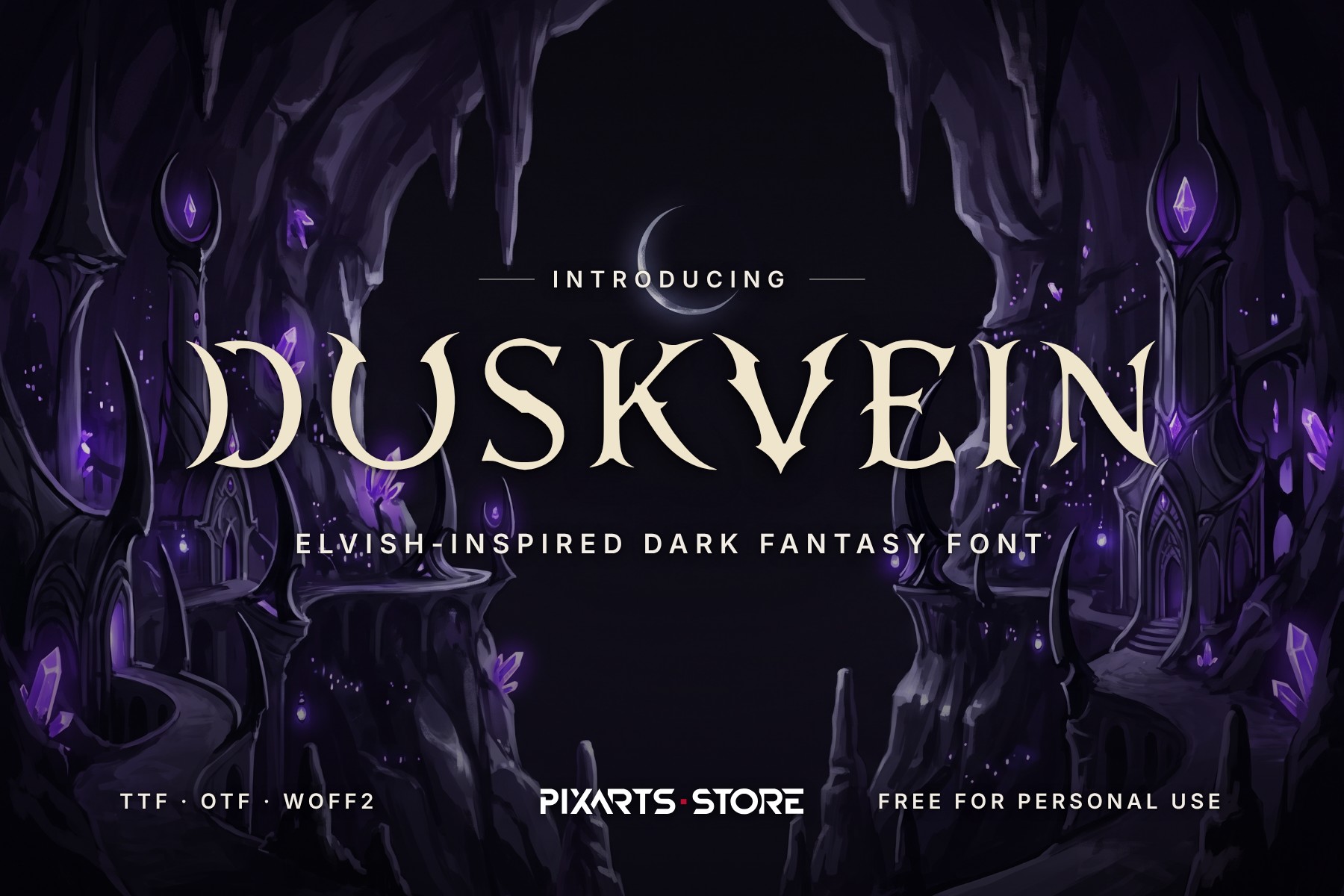 Duskvein elvish-inspired dark fantasy font, cover with the font name