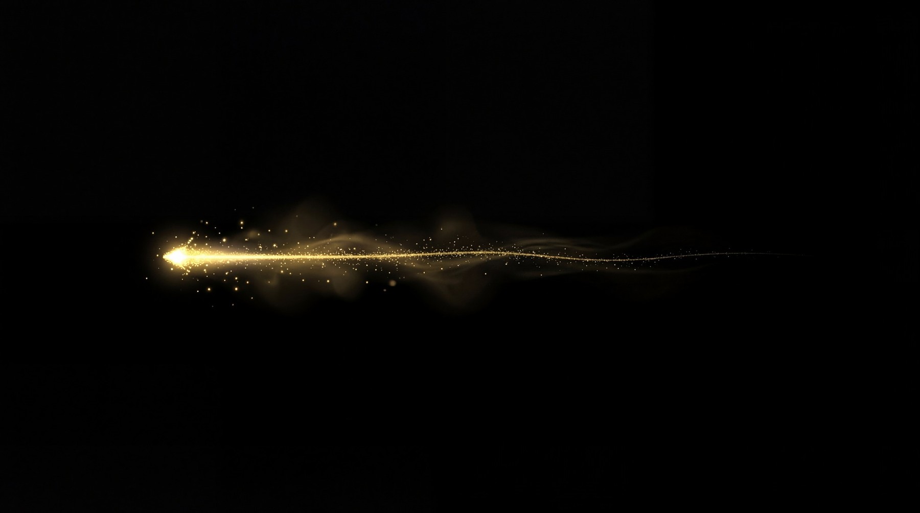 A single, bright golden shooting star with a glowing trail and dispersed particles against a black background.