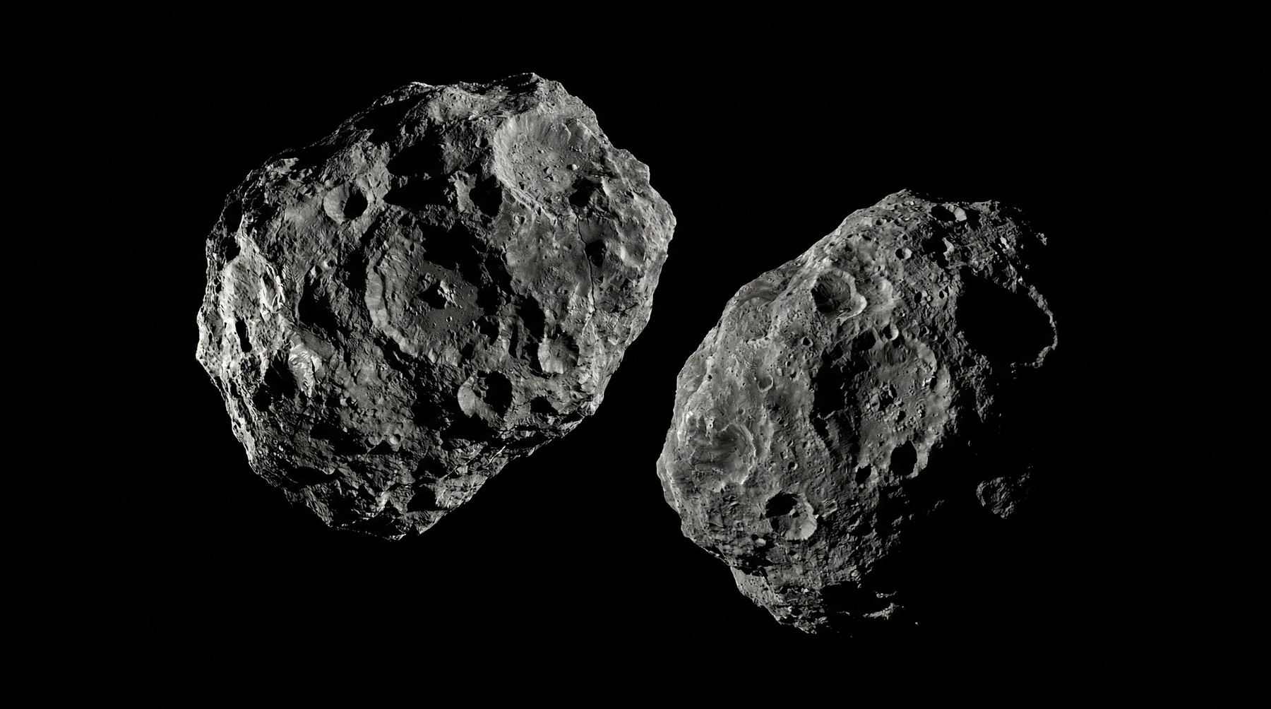 Two detailed, cratered asteroids with rough, irregular surfaces against a stark black background.