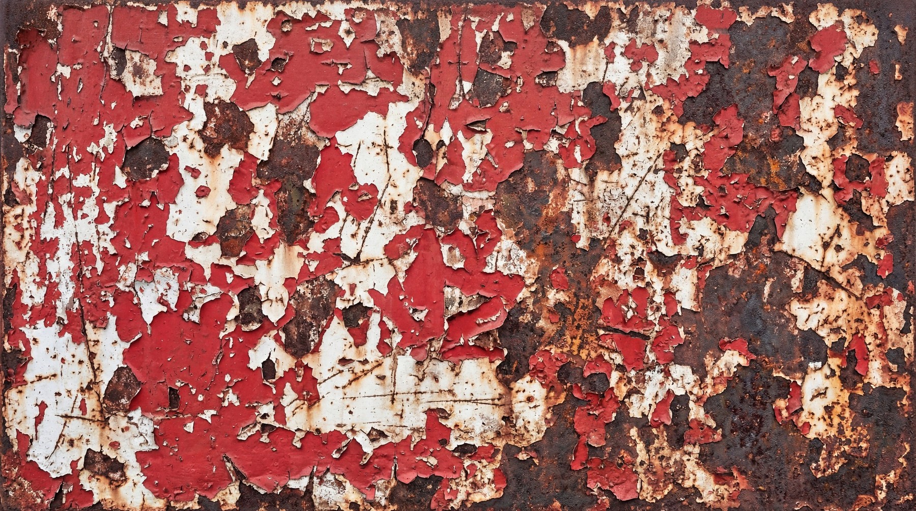 Close-up of weathered steel surface featuring layers of peeling red paint, heavy rust, and deep metallic oxidation.