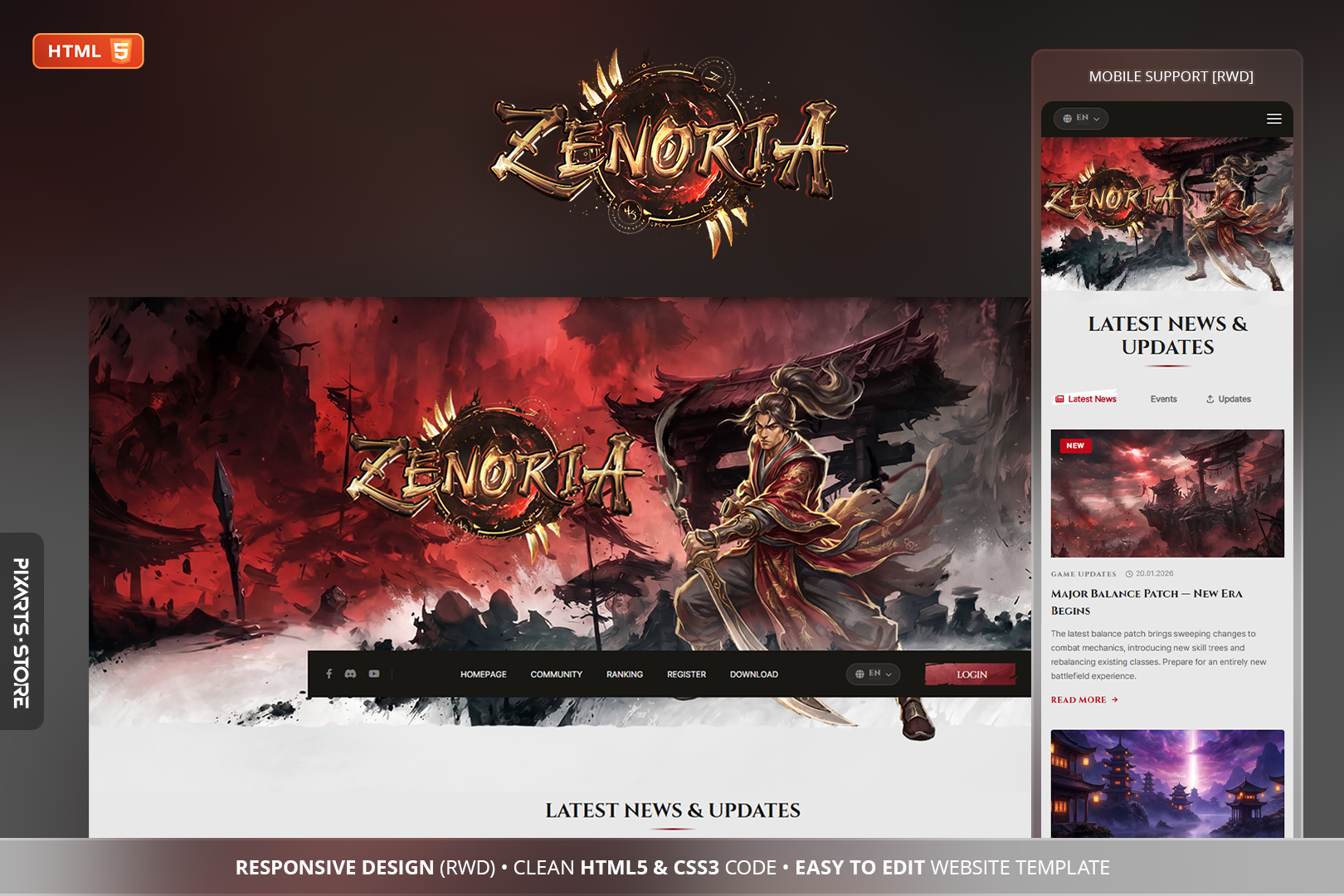 Zenoria oriental martial arts MMORPG website template – red and gold design with item shop and rankings