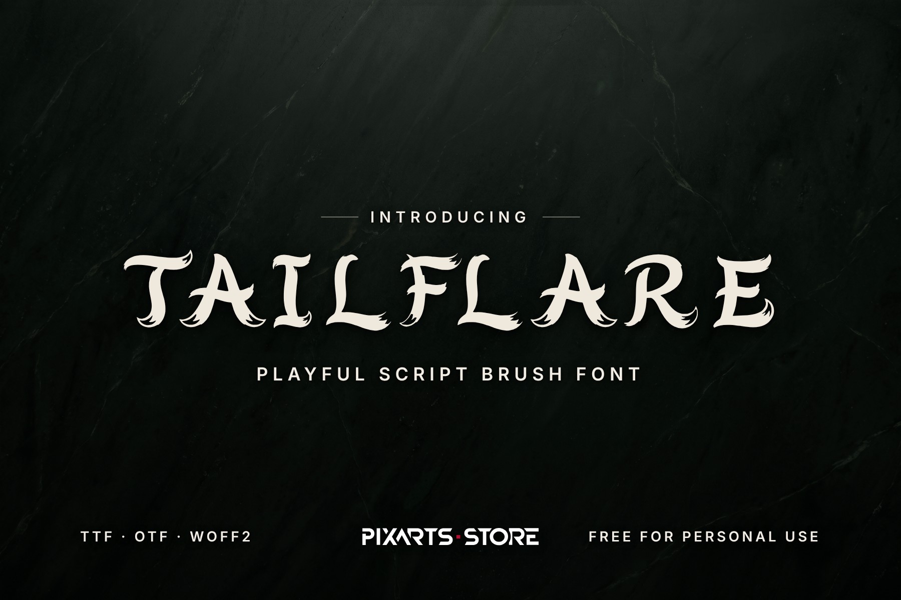 Tailflare script brush font cover, cream title on dark green stone