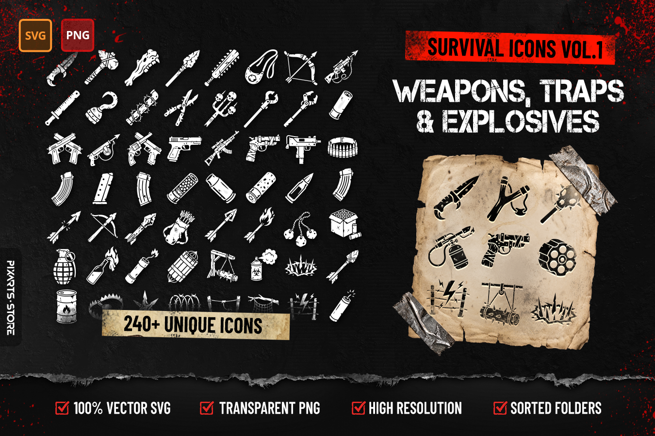 Survival Icons Vol.1 Weapons, Traps & Explosives cover showing 240+ post-apocalyptic weapon icons including melee weapons, firearms, traps and explosives in SVG and PNG format