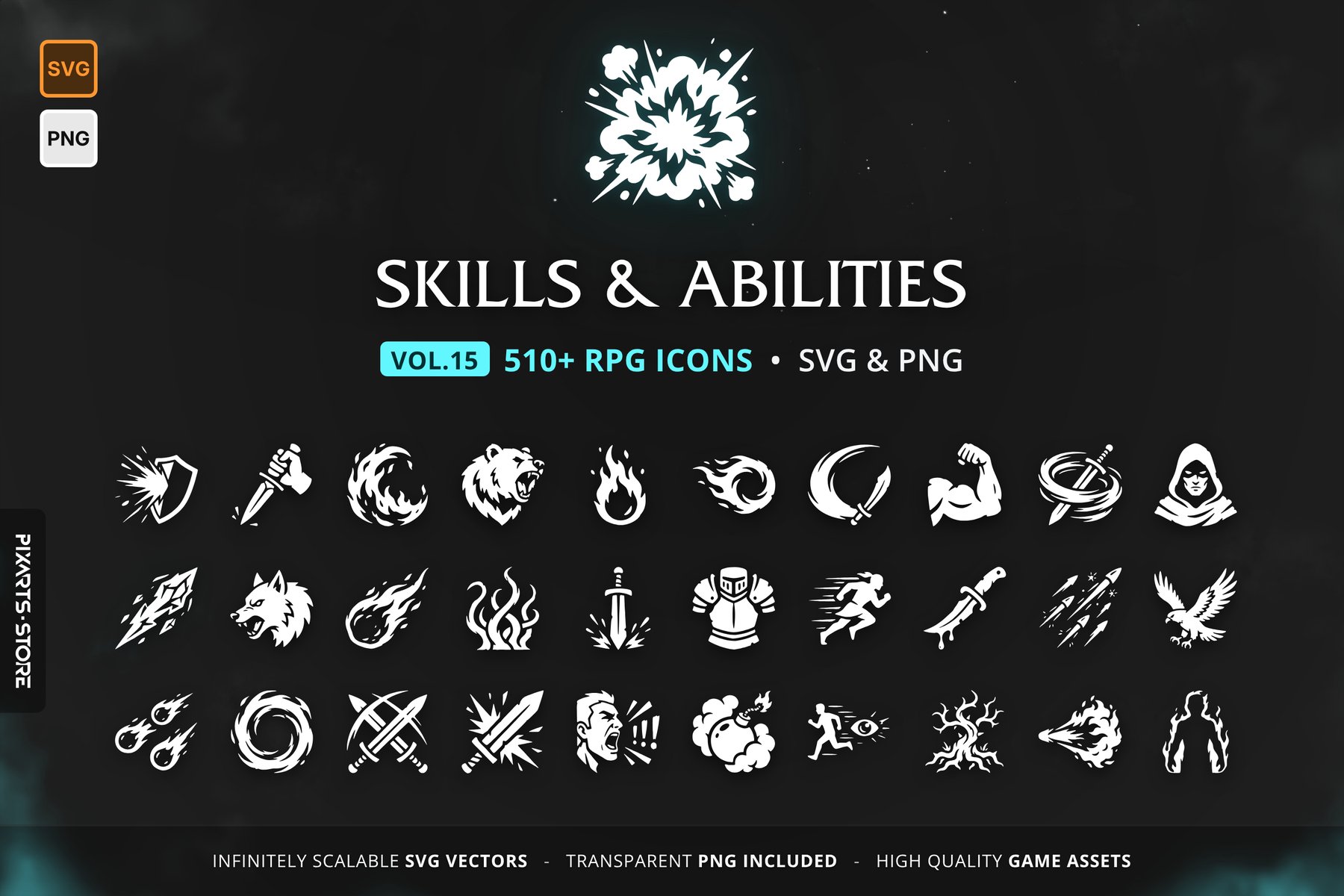 RPG Class Skills & Abilities Icons Vol.15 – 512 vector game icons: warrior, rogue, mage, druid and cleric skills plus fire, frost, shadow and utility abilities, in SVG and PNG