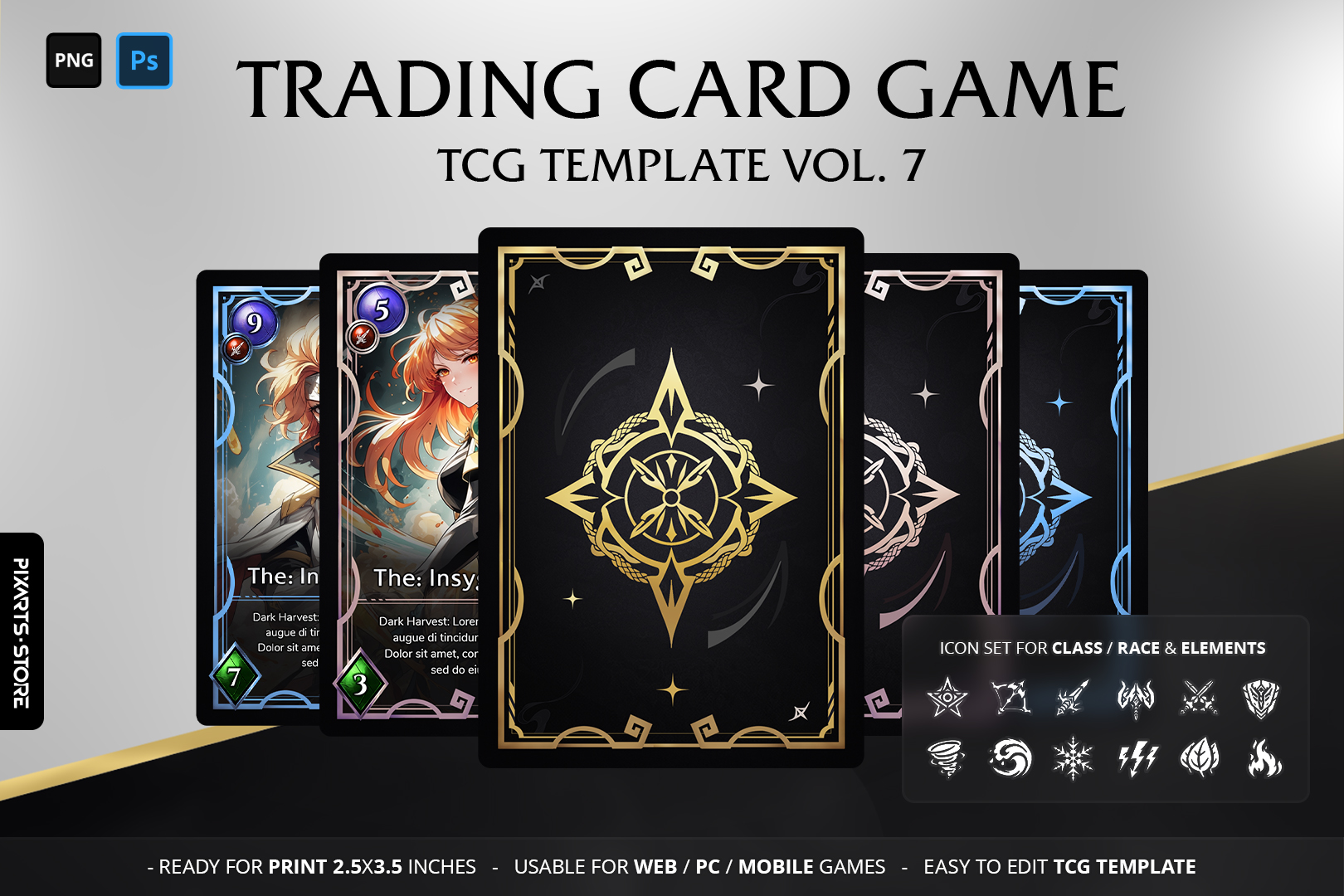 Premium modern anime celestial CCG template UI kit showcasing geometric star card borders and clean gacha game layouts.