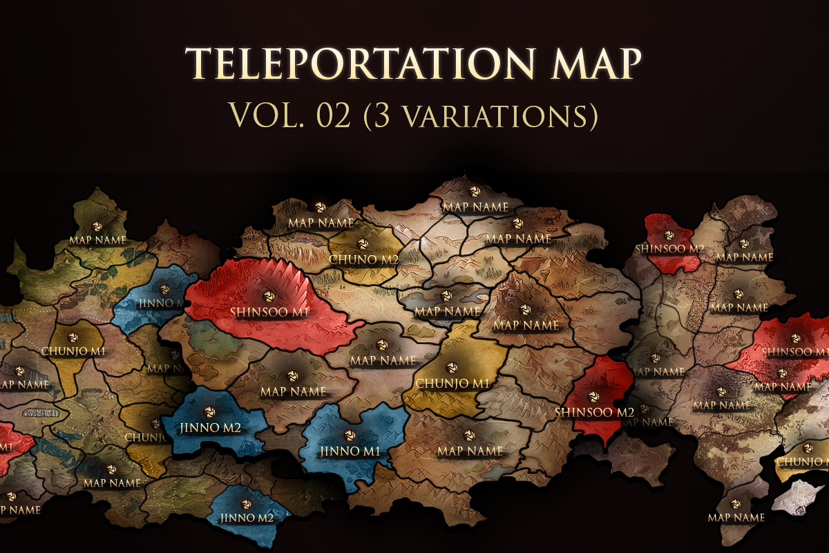 MMORPG teleportation world map PSD template Vol.02 with three parchment and terrain variations showing Shinsoo, Chunjo and Jinno empire color zones on a tactical old-world atlas