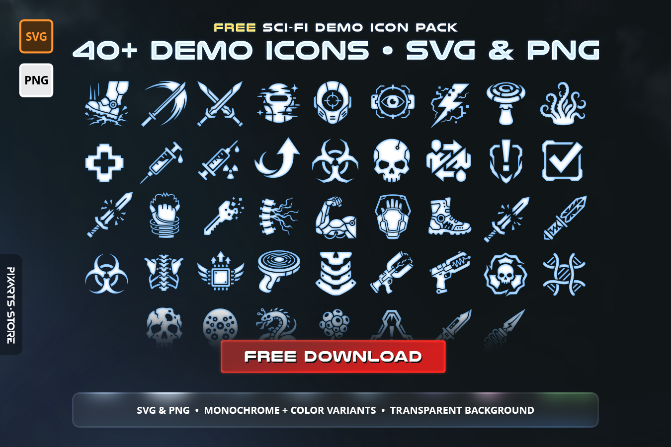 Free Sci-Fi Icon Starter Pack cover showing 40+ demo cyberpunk icons including combat skills, gear, inventory items and UI essentials in SVG and PNG format with 6 color variants