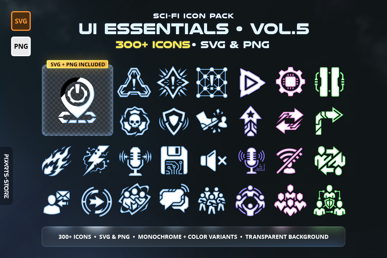 Sci-Fi UI Essentials Icon Pack Vol.5 – 300+ futuristic game UI icons including tactical alerts, navigation arrows, crosshairs and achievement badges. SVG and PNG with 6 color variants.