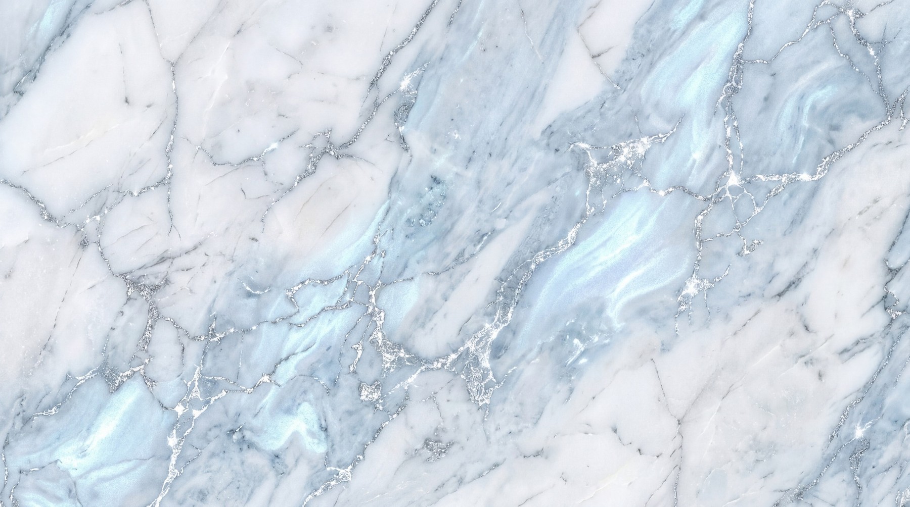 Seamless 4K texture of white marble with flowing light blue patterns and fine silver veins.