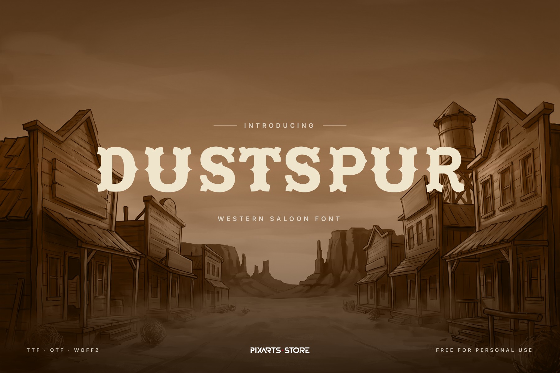 Dustspur western saloon font, title over an old western town street