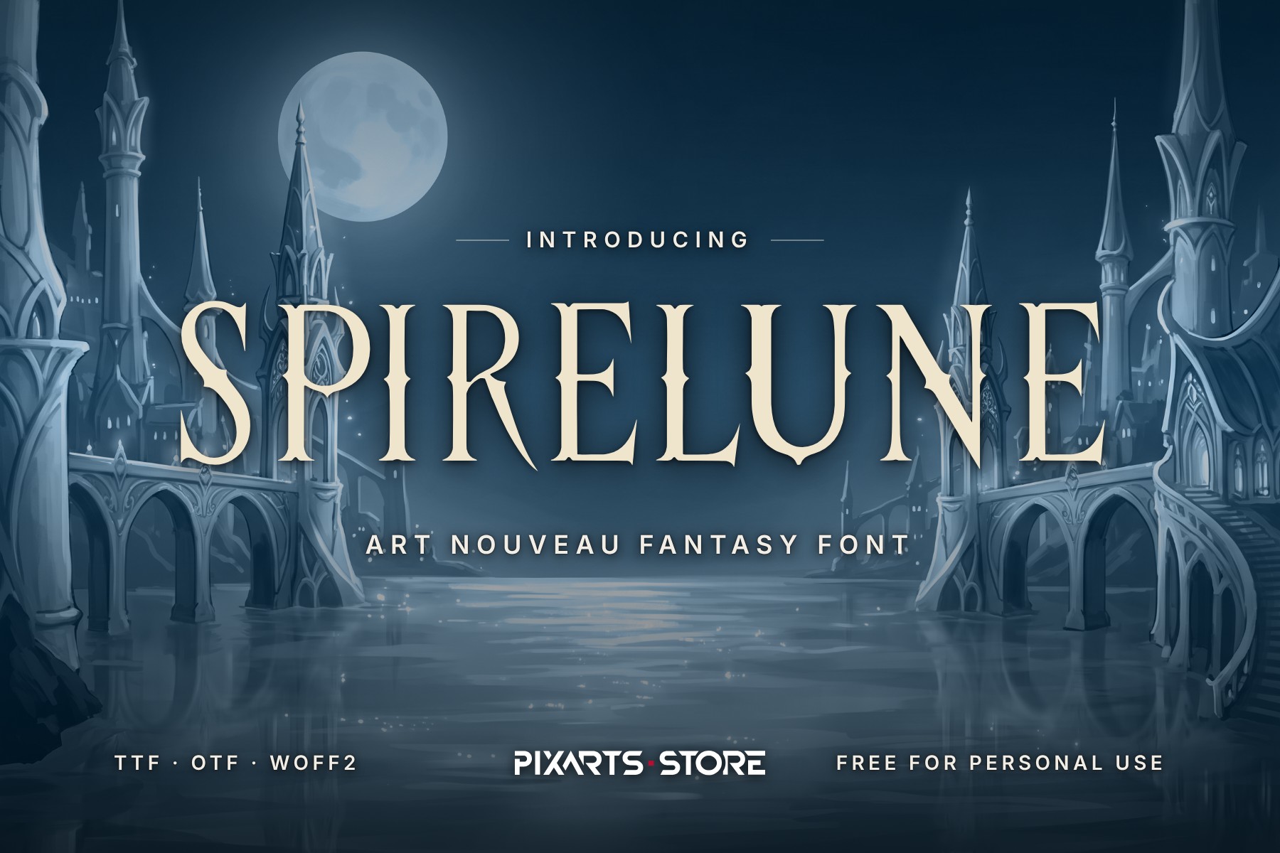 Spirelune art nouveau fantasy font, cover with the font name