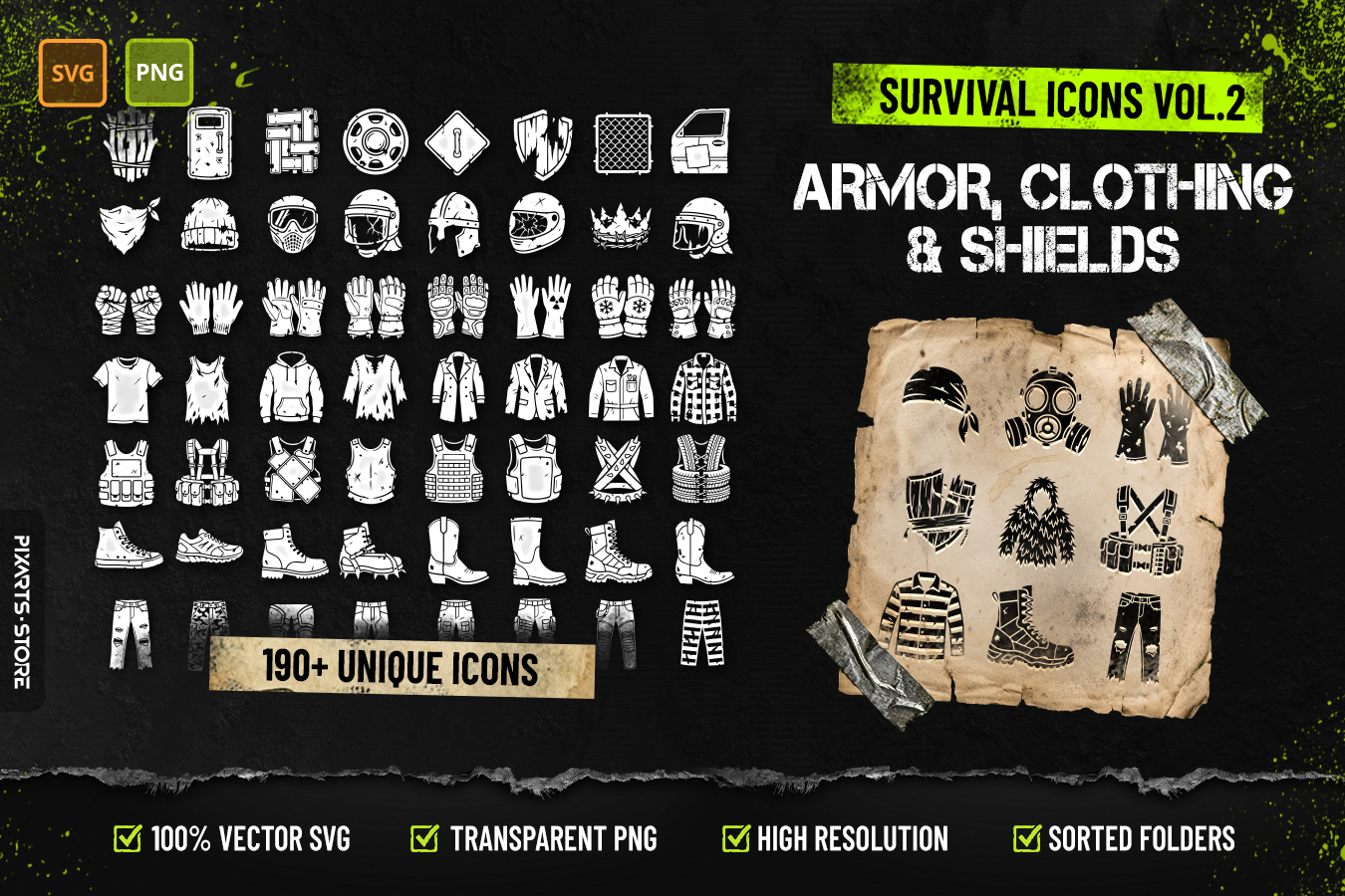 Survival Icons Vol.2 Armor, Clothing & Shields cover showing 190+ post-apocalyptic gear icons including helmets, gas masks, vests, boots and protective clothing in SVG and PNG format