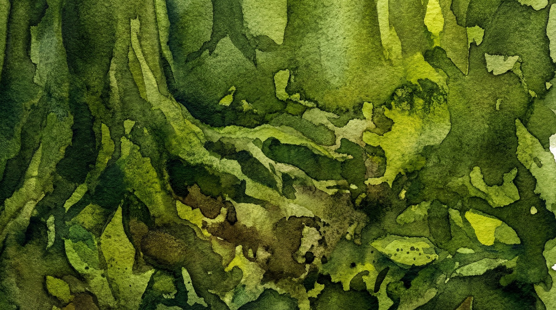 Close-up abstract watercolor texture with flowing organic shapes in various shades of moss green, olive green, and dark forest green, with subtle brown undertones and visible paint granulation.