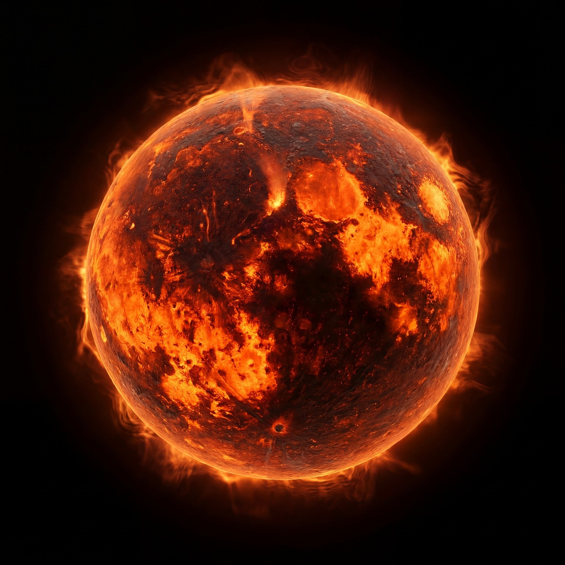 A highly detailed, fiery volcanic planet with glowing magma and erupting fissures against a stark black background.