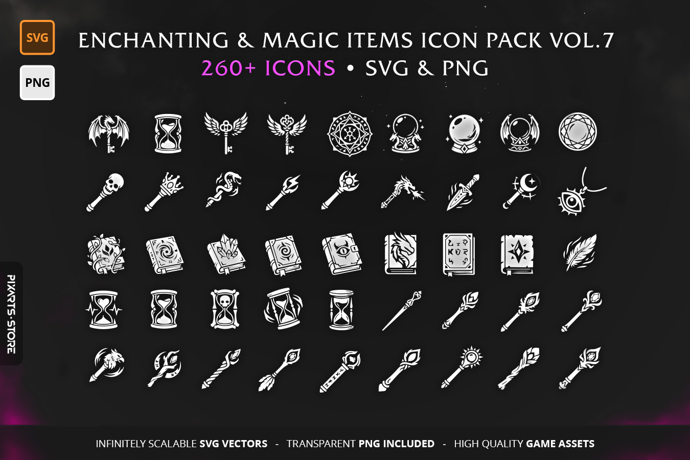 RPG Enchanting Vol.7 - Collection of 260+ vector game icons, including magic rings, spellbooks, and inventory RPG icons in SVG and PNG format
