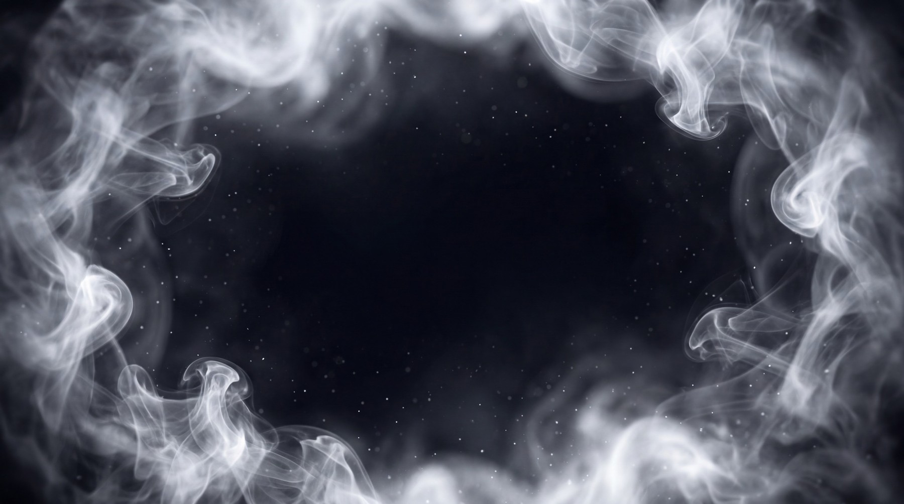 Ethereal white smoke wisps forming a decorative border around a dark void, with small sparkling particles scattered throughout.