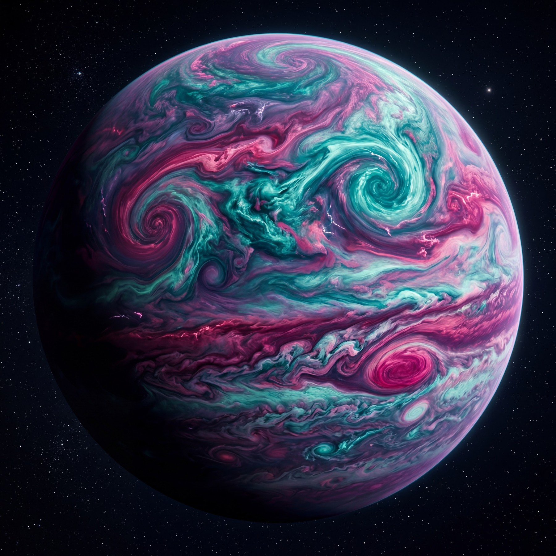 A large, fictional gas giant planet with swirling atmospheric bands in vibrant crimson and teal colors against a dark, star-filled background.