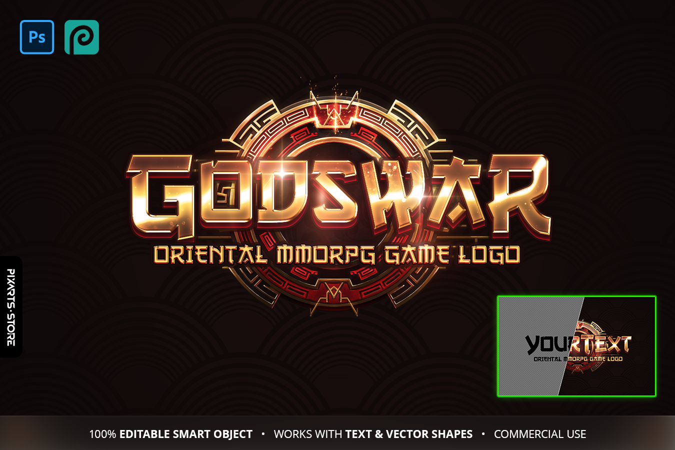 GodsWar oriental Chinese MMORPG game logo template with red and gold 3D text effect, decorative circular emblem and dark background