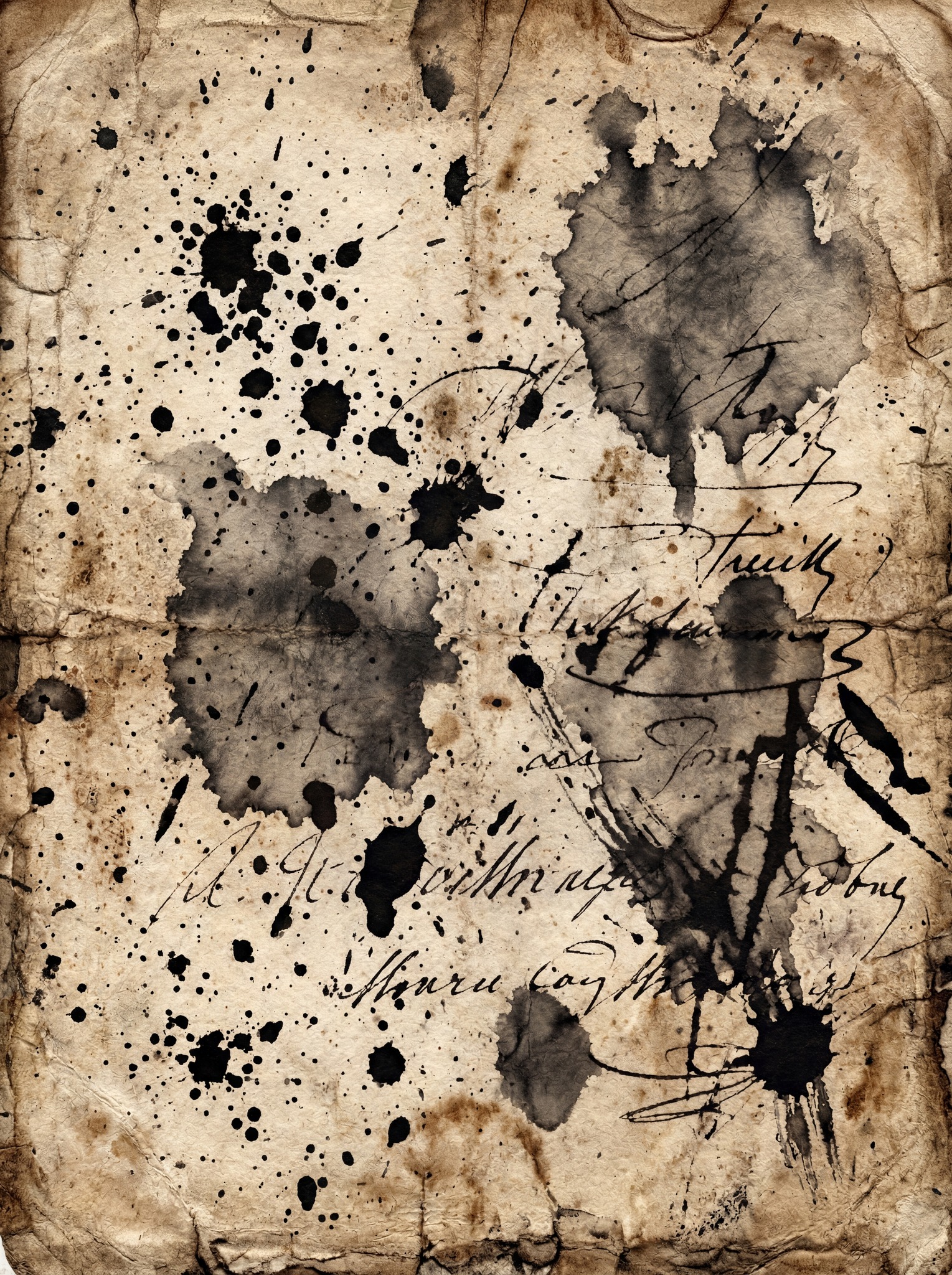 A textured, aged parchment paper background with numerous black ink splatters and faint handwritten script.