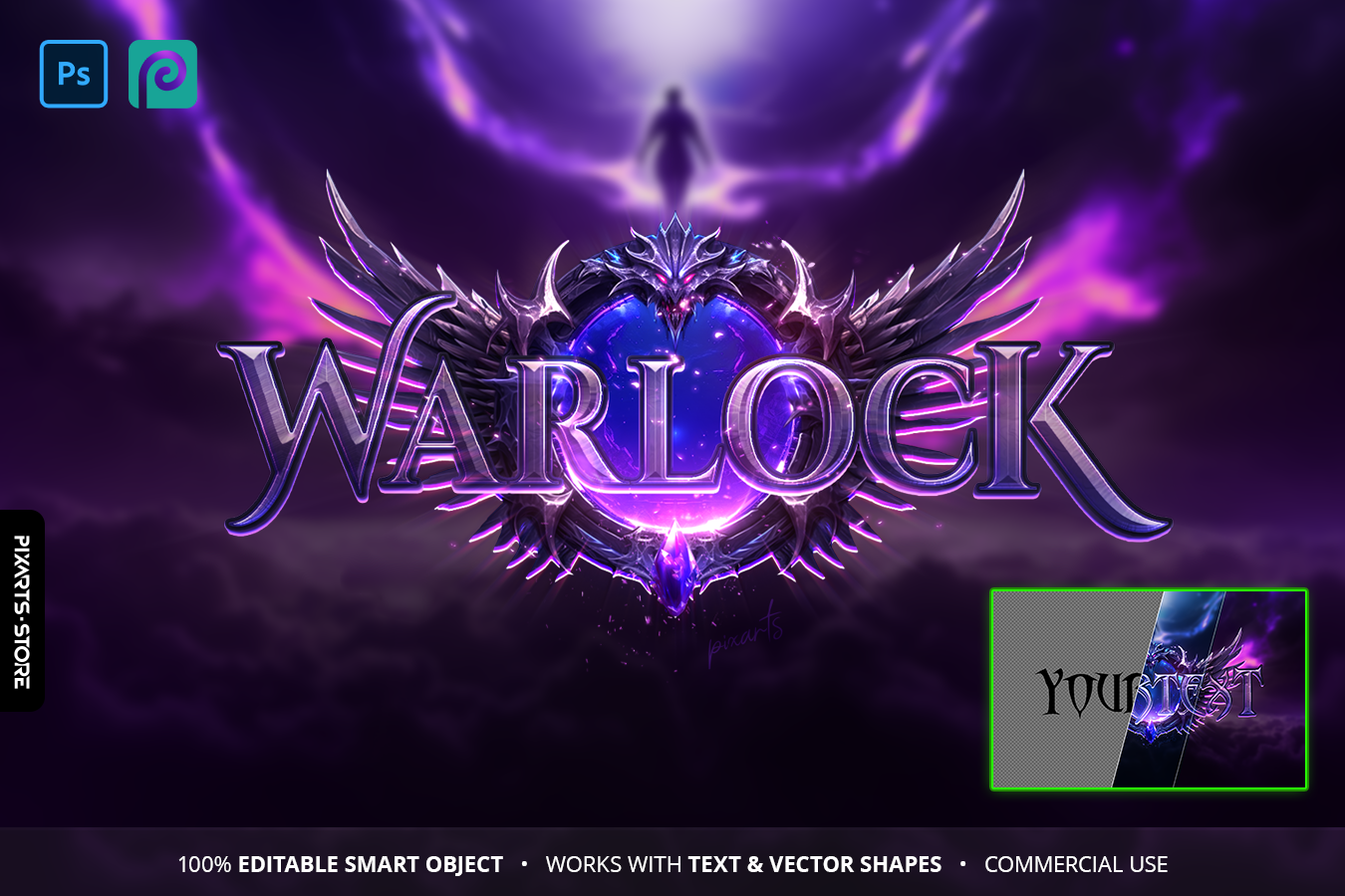 Warlock purple arcane MMORPG game logo template with chrome metallic text, glowing purple magic effects and detailed winged emblem on dark atmospheric background